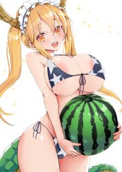 1girls absurdres areola_slip bangs bare_shoulders big_breasts bikini black_bikini blonde_hair breasts cameltoe covered_nipples dragon_girl dragon_horns dragon_tail female food fruit hair_between_eyes highres holding holding_food holding_fruit horns huge_breasts kntrs_(knyrs) kobayashi-san_chi_no_maidragon light-skinned_female long_hair looking_at_viewer maid_headdress miss_kobayashi's_dragon_maid open_mouth orange_eyes solo star_(symbol) star_print swimsuit tail tohru_(dragon_maid) twintails very_long_hair watermelon white_background