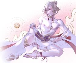 1boy highres japanese_clothes kimono male_focus melontoyo nipples open_clothes open_kimono penis solo taishakuten_(onmyouji) white_hair