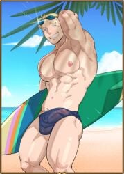 1boy armpit beach blonde_hair erect_under_swimsuit erection_under_clothes ero_condo kienbiu male male_only muscles muscular muscular_male outdoors outside see-through sharp_teeth solo speedo suplex_(kienbiu) swimwear twitter_user_oc