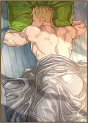 back_muscles blonde_hair ero_condo kienbiu laying_on_bed male_only muscles muscular_male punt_(kienbiu) sleeping twitter_user_oc yaoi