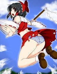 ass clothing female footwear light-skinned_female light_skin mouth_open namidame open_mouth panties red_eyes reimu_hakurei ripped_clothes ripped_clothing shoes striped_panties torn_clothes torn_clothing touhou underwear