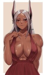 1girls big_breasts blush bunny bunny_ears cleavage dark-skinned_female dark_skin dress eyelashes female fully_clothed gud0c hi_res long_eyelashes looking_at_viewer miruko muscles muscular my_hero_academia nails red_dress red_eyes revealing_clothes rumi_usagiyama solo toned toned_female white_hair