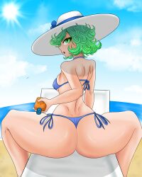 1girls ass ass_focus back back_view beach beach_chair big_ass bikini bikini_bottom bikini_top blue_bikini bottomwear breasts dat_ass female female_only green_eyes green_hair hair hat huge_ass jkastilla one-punch_man short_hair small_breasts solo solo_female sun_hat sunscreen swimwear tatsumaki topwear