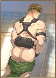 ass back_muscles backsack bathroom blonde_hair butt ero_condo kienbiu looking_back male muscles muscular_male peeing pissing punt_(kienbiu) twitter_user_oc urinal