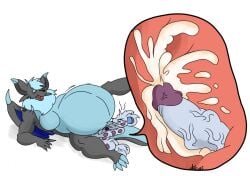 anthro balls blue_eyes charizard cum_inside eevee eeveelution english_text furry fusion genderswap_(ftm) hyper_pregnancy mega_charizard_x nelsonnoir nidoran nidoran♀ open_mouth penis pokemon pokemon_(species) pokemon_rgby pokemon_xy pregnancy pregnant rule_63 scalie wings