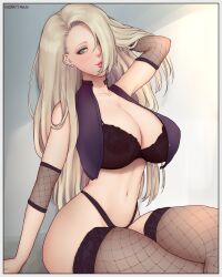 1girls big_breasts blonde_hair blue_eyes bra breasts cleavage crop_top elbow_pads fishnet_stockings fishnets hair_down hand_behind_head hand_on_hair highleg highleg_panties ino_yamanaka lingerie loose_hair midriff naruto naruto:_the_last naruto_(series) naruto_shippuden nonutman open_clothes open_shirt panties partially_clothed posing solo stockings table thick_thighs thighhighs very_long_hair voluptuous