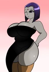 black_dress dc dc_comics dress grey_skin huge_breasts large_breasts maymayumi2 night_dress purple_eyes purple_hair rachel_roth raven_(dc) simple_background smooth_skin straight_hair teen_titans