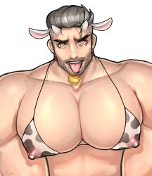 1boy big_pecs bra cow_ears cow_print gay huge_pecs kappibara male_only muscles muscular muscular_male pecs pokemon pokemon_sv professor_turo tongue_out yaoi