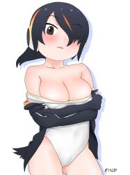 bare_shoulders black_hair black_jacket brown_eyes clothing covered_navel cowboy_shot emperor_penguin_(kemono_friends) female female_only female_solo headphones high_resolution highleg highleg_leotard hood hood_down hooded_jacket jacket kemono_friends legwear leotard looking_at_viewer masuyama_ryou mittens multicolored_hair navel no_bra one_eye_covered open_clothes open_jacket open_mouth peek-a-boo_bang simple_background solo standing streaked_hair thighhighs thighs two-tone_hair undressing very_high_resolution white_background white_legwear white_leotard