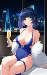 1girls alcohol bare_shoulders bed blush breasts champagne city cityscape crossed_legs curvaceous curvy curvy_figure dress drink g-string genshin_impact green_eyes hi_res hotel hotel_room jacket jiang_ye_kiri large_breasts looking_at_viewer mature_female mihoyo milf mole mole_on_breast night off_shoulder on_bed revealing_clothes seductive seductive_smile sitting smile thick_thighs yelan_(genshin_impact)