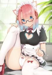 absurdres alternate_costume animal_ears apron bespectacled black-framed_eyewear blue_eyes blue_hair blush bow bow_panties breast_press breasts cameltoe cat_ears cleavage cleavage_cutout clothing_cutout enmaided female frills garter_straps glasses go-1 gradient_hair hair_between_eyes heart high_heels highres knee_up lace lace-trimmed_legwear lace_trim looking_at_viewer maid maid_headdress medium_breasts medium_hair multicolored_hair neck_ribbon original panties pink_hair red_footwear red_ribbon ribbon short_sleeves sitting string_panties thighhighs two-tone_hair underwear untying waist_apron white_legwear white_panties wristband zettai_ryouiki