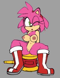 accessory amy_rose anthro ass boots breasts clothing eulipotyphlan female footwear fur furry furry_only genitals green_eyes grey_background hair hair_accessory hairband hammer hedgehog hi_res mammal monamania mostly_nude naked nipples nude one_eye_closed open_mouth pink_body pink_hair pussy sega simple_background sitting solo sonic_(series) sonic_the_hedgehog_(series) thick_thighs tools