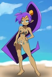 1girls alternate_costume beach breasts datwondoude feet female female_only half-closed_eyes half_naked jewelry looking_at_viewer pointy_ears sand shantae shantae_(character) smile smooth_skin smug_grin solo toes venus_bikini watermark