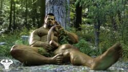 beard dazswole facial_hair fangs forest genitals green_body green_skin grey_body humanoid male male_only muscular muscular_male nipples orc orc_male penis plant solo tree vein veiny_muscles veiny_penis