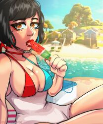 1girls beach bikini black_hair brown_eyes choker divinensfw epic_games evie_(fortnite) fortnite fringe licking licking_popsicle lipstick oral oral_insinuation oral_invitation petite popsicle red_lipstick seductive_mouth short_hair sucking swimsuit yindivine