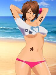 1girls beach blue_eyes brown_hair fortnite hands_behind_head looking_at_viewer shirt tntina tntinaxxx