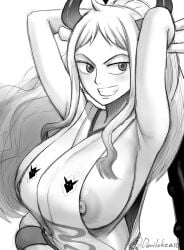 1girls armpits big_breasts breasts curvy devilukez ear_piercing earrings female female_only hi_res highres hoop_earrings horned_humanoid horns humanoid large_breasts light-skinned_female light_skin long_hair monochrome one_piece oni oni_female oni_horns sideboob simple_background solo white_background wide_hips yamato_(one_piece) youkai