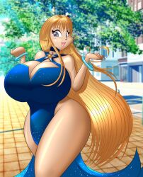 1girls 2022 blonde_hair blue_eyes_(manga) blush breasts claire_fairchild cleavage dress female female_only huge_breasts human long_hair looking_at_viewer mastergodai smile solo tagme thick_thighs upstairstudios voluptuous wide_hips