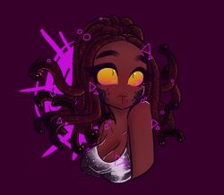 1girls bare_shoulders breasts breasts breasts cheek_scales cleavage dark-skinned_female dark_skin dress female female_focus gorgon large_breasts medusa_sunny ohthesunnyside plump_lips purple_background silver_dress small_iris snake_eyes snake_hair snake_tongue solo solo_female yellow_eyes