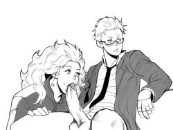 1boy 1girls :>= blowjob blush bottomless dorohedoro earrings fellatio glasses greyscale haction_(artist) hi_res large_penis larger_female long_hair looking_away monochrome noi_(dorohedoro) penis scar shin_(dorohedoro) short_hair smaller_male