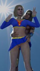 2girls 3d 3d_(artwork) amazon big_breasts black_hair blonde_hair blue_eyes dark_skin dc dc_comics diana_prince female female_only flying flying_sex injustice_2 kara_danvers kara_zor-el kryptonian lifting_skirt light-skinned_female light_skin mehlabs no_panties older_woman_and_teenage_girl older_woman_and_younger_girl pussy supergirl supergirl_(injustice) superman_(series) wonder_woman wonder_woman_(injustice) wonder_woman_(series) yuri