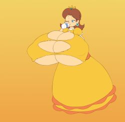 1girls alternate_breast_size big_breasts breast_expansion breasts_bigger_than_head breasts_bigger_than_torso dress drinking enjoying_expansion enormous_breasts excessive_size gigantic_breasts huge_breasts hyper hyper_breasts mario_(series) massive_breasts metachoke milk nintendo princess_daisy tagme