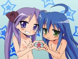 2girls blue_eyes closed_mouth couple flat_chest gobera heart heart_hands kagami_hiiragi konata_izumi lucky_star mole mole_under_eye multiple_girls nipples pixel-perfect_duplicate purple_hair smile star_(symbol) yuri