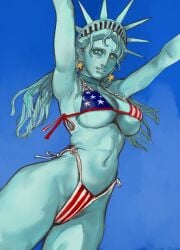 1girls 2023 4th_of_july america american american_flag american_flag_bikini arms_up big_breasts big_thighs bikini breasts earrings female female_only lady_liberty long_hair looking_at_viewer mossa national_personification public_domain skimpy_bikini solo solo_female star_pupils statue statue_of_liberty suggestive suggestive_look thighs united_states_of_america usa