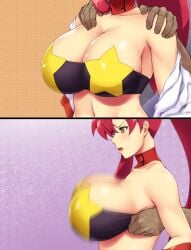 ameoto blush bouncing_breasts cleavage dark-skinned_male from_side hands_on_shoulders high_ponytail huge_breasts motion_blur multiple_views open_mouth red_hair shaking shaking_breasts space_yoko tengen_toppa_gurren_lagann uncensored undressing upper_body yellow_eyes yoko_littner