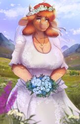 ardail bovid bovine brown_eyes cattle changeling_tale cow_ears cow_horns dress female flower_crown grass horns mammal marion_(changeling_tale) monster_girl mountain solo solo_female tears transformation wedding_dress