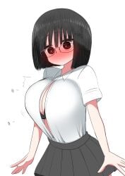 1girls black_bra black_hair black_miniskirt black_skirt blank_background blush bob_cut bra bra_peek breasts bursting_breasts busty buttons collared_shirt covering_breasts curvy dot_mouth dot_nose embarrassed enormous_breasts eyebrows_visible_through_hair eyeglasses eyewear full_face_blush fully_clothed glasses hi_res high_resolution highres huge_breasts massive_breasts miniskirt motion_lines original original_character plain_background pleated_skirt popped_button rimless_eyewear rimless_glasses school school_skirt school_uniform schoolgirl schoolgirl_uniform shirt short_hair short_sleeved_shirt short_sleeves simple_background skirt solo solo_female standing surprised surprised_expression tight_clothing tight_shirt voluptuous wardrobe_malfunction white_background white_collar white_shirt white_sleeves younger_female zurikishi