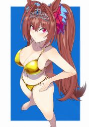 animal_ears bangs barefoot bikini blue_background blue_scrunchie blush border bow breasts brown_hair brown_tail cleavage collarbone commentary_request daiwa_scarlet_(umamusume) ear_bow feet female golden_bikini hair_between_eyes hair_intakes hair_ornament hair_scrunchie hands_on_hips highres horse_ears horse_girl horse_tail large_breasts long_hair looking_at_viewer navel outside_border red_bow red_eyes scrunchie sideboob simple_background slit_pupils solo strap_gap string_bikini swimsuit tail thighs tiara toes twintails umamusume v-shaped_eyebrows very_long_hair white_border zasshu_nigou