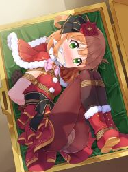 arms_tied_behind_back bondage bound_ankles bound_legs christmas_outfit cleave_gag crotch_rope female gag gagged green_eyes in_box looking_at_viewer mukanata orange_hair princess_connect! princess_connect!_re:dive rino_(princess_connect!)