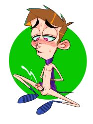 aged_up arms_behind_back blush cape cumming_untouched cumshot ejaculation fanboy_(character) fanboy_and_chum_chum male_only mask_removed nickelodeon nicktoons nude_male ropes skinny solo_male striped_socks stylized toony vibrator_on_penis