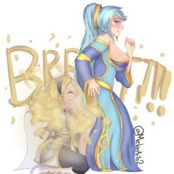 dutch_oven face_in_ass facesitting fart fart_fetish league_of_legends luxanna_crownguard melonarts2_(artist) riot_games sona_buvelle under_dress