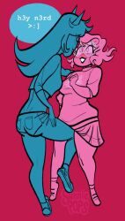 2girls blush crop_top fully_clothed grinding homestuck knee_up latula_pyrope roxy_lalonde standing sunniepops teasing text yuri