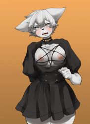 absurd_res anthro blush breasts clothing dress elma_(sleepiness18) exposed_breasts felid female fur hair hi_res mammal nipples pentagram sleepiness18 solo swat white_body white_fur white_hair