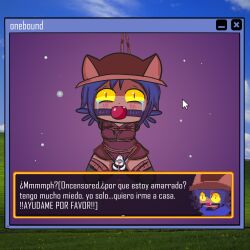 1boy ball_gag bondage crying crying_with_eyes_open felid feline femboy gag male_only niko_(oneshot) oncensored oncensored_(artist) oneshot penis rope_bondage solo solo_male spanish_text text vibrator vibrator_in_penis video_games