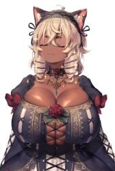 big_breasts breasts cat_ears character_request cleavage corset dark-skinned_female female indie_virtual_youtuber jewelry large_breasts overflowing_breasts skindentation smile smug tagme tight_clothing virtual_youtuber white_hair yana_(nekoarashi) yana_(vtuber)