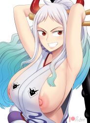 1girls armpit_fetish armpits arms_up big_breasts blue_hair breasts brown_eyes cleavage clothed clothing curvy devilukez ear_piercing earrings female female_only gradient_hair hi_res highres hoop_earrings horned_humanoid horns huge_breasts huge_nipples humanoid large_breasts light-skinned_female light_skin long_hair multicolored_hair one_piece oni oni_female oni_horns red_eyes red_horns revealing_clothes sideboob simple_background solo two_tone_hair white_hair wide_hips yamato_(one_piece) youkai