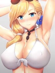 1girls arm_behind_head armpits azur_lane big_breasts bikini_top blonde_hair blue_eyes blush breasts choker cleavage earrings eyebrows_visible_through_hair female female_only flower_in_hair hair_tie hood_(azur_lane) hood_(sunlit_lady)_(azur_lane) nipples_visible_through_clothing pale-skinned_female pale_skin shin'yashiki side_ponytail smile solo solo_female solo_focus sunglasses sunglasses_on_head upper_body