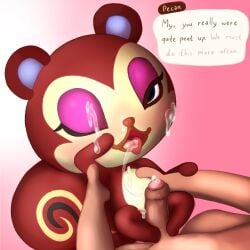 animal_crossing anthro bodily_fluids chibi cum cum_on_face cum_on_tongue cum_string duo female first_person_view foreskin genital_fluids genitals hi_res human looking_at_viewer male male/female mammal nintendo one_eye_closed pecan_(animal_crossing) penis rodent sciurid simski size_difference tongue video_games