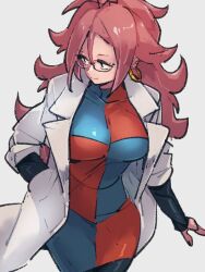 1girls android_21 android_21_(human) big_breasts breasts brown_hair dragon_ball dragon_ball_fighterz ear_piercing female glasses kemachiku labcoat long_hair painted_nails