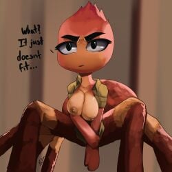 ... 6_legs aleidom arachnid arachnid_taur areola arthropod arthropod_taur big_breasts black_eyes breasts clothed clothing dreamworks english_text exposed_breasts eyebrows female hi_res ms._tarantula_(the_bad_guys) multi_leg multi_limb multicolored_body nipples non-mammal_breasts open_clothing open_shirt open_topwear question_mark shirt solo spider spider_taur tan_nipples tarantula_taur taur text the_bad_guys thick_eyebrows topwear two_tone_body