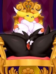 absurd_res anthro areola bandai_namco big_breasts breasts canid canine digimon digimon_(species) fae_(vulfox) female fur genitals hi_res juzztie looking_at_viewer mammal nipples nude pussy renamon smile solo spread_legs spreading white_body white_fur yellow_body yellow_fur