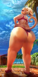 1girls adora_(bloons_tower_defense) ass beach big_ass big_butt bikini blonde_hair bloons_tower_defense bottom_heavy bra breasts clothed clothed_female clothing curvy_figure day dexie93 eyewear female female_only footwear fur hair haplorhine hi_res light low-angle_view mammal monkey monkey_girl monkey_tail palm_tree plant pose primate rear_view sandals seaside sky solo standing sunglasses sunlight swimwear thick_thighs thong tree underwear wide_hips yellow_body yellow_fur