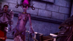 16:9 1boy 1girls 3d armor barely_clothed clothing covered_nipples cowboy_shot demon demon_girl desire_demon detached_sleeves dragon_age dutch_angle evil fire horns jewelry male medium_breasts navel no_bra no_panties pc_game purple_skin running_bond standing stone_wall twisted_horns wallpaper