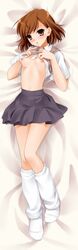 1girls bed breasts brown_eyes brown_hair dakemakura-koubou dakimakura female female_only full_body human kneehighs long_image loose_socks lying misaka_mikoto nipple nipples school_uniform schoolgirl shirt_lift skirt socks solo source_request tagme tall_image teenage_girl teenager to_aru_kagaku_no_railgun to_aru_majutsu_no_index tokiwadai_school_uniform tsundere white_socks young