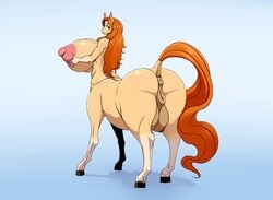 anatomically_correct anatomically_correct_anus anatomically_correct_pussy anthro anus ass ber00 big_breasts breasts centaur crotchboobs equine equine_taur female hooves huge_breasts huge_crotchboobs hyper hyper_breasts looking_at_viewer looking_back mammal nipples pussy solo taur