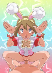 1boy 1girls absurdres animal_ears bangs bottomless brown_hair bunny_ears bunny_pose censored choker clothed_female_nude_male commentary_request eyelashes fake_animal_ears female grey_eyes hairband hands_up highres may_(pokemon) miraa_(chikurin) mosaic_censoring nude official_alternate_costume open_mouth penis pink_choker pink_footwear pink_shirt pokemon pokemon_(game) pokemon_masters pokemon_masters_ex pussy rolling_eyes sex shirt shoes short_sleeves sparkle spread_legs spring_may_(pokemon_masters) squatting_cowgirl_position star_(symbol) straight sweat tongue upper_teeth vaginal_penetration wrist_cuffs yellow_hairband